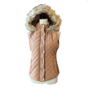 Active USA Tan Quilted Sleeveless Vest w/ Faux Fur Hood (1948-1)